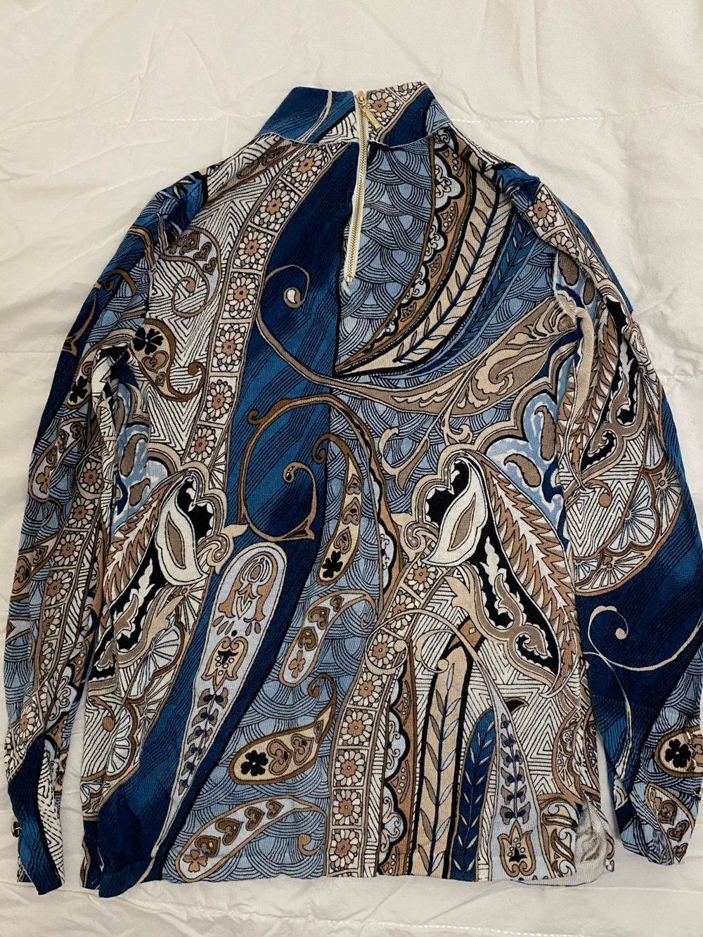 Chico's Navy and Tan Paisley Mockneck Long Sleeve Top size Small - Picture 3 of 8